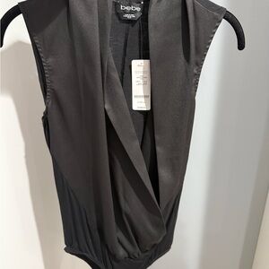 bebe Black Draped V-Neck Sleeveless Bodysuit with Swoop Front